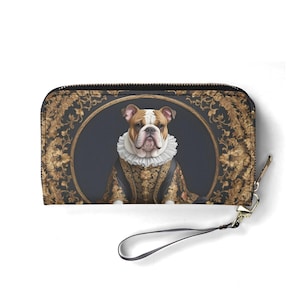 Cartera de piel sintética con cuello con volantes de bulldog isabelino y retrato de perro real de estilo Art Nouveau