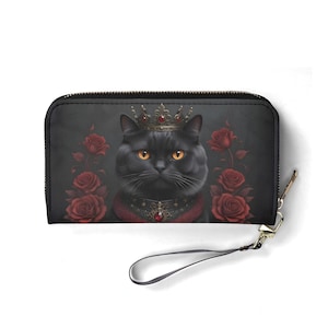 Carteira de gato monarca gótica – Carteira fofa de couro vegano para mulheres | Presente exclusivo, carteira vegana fofa, presente ideal para ela