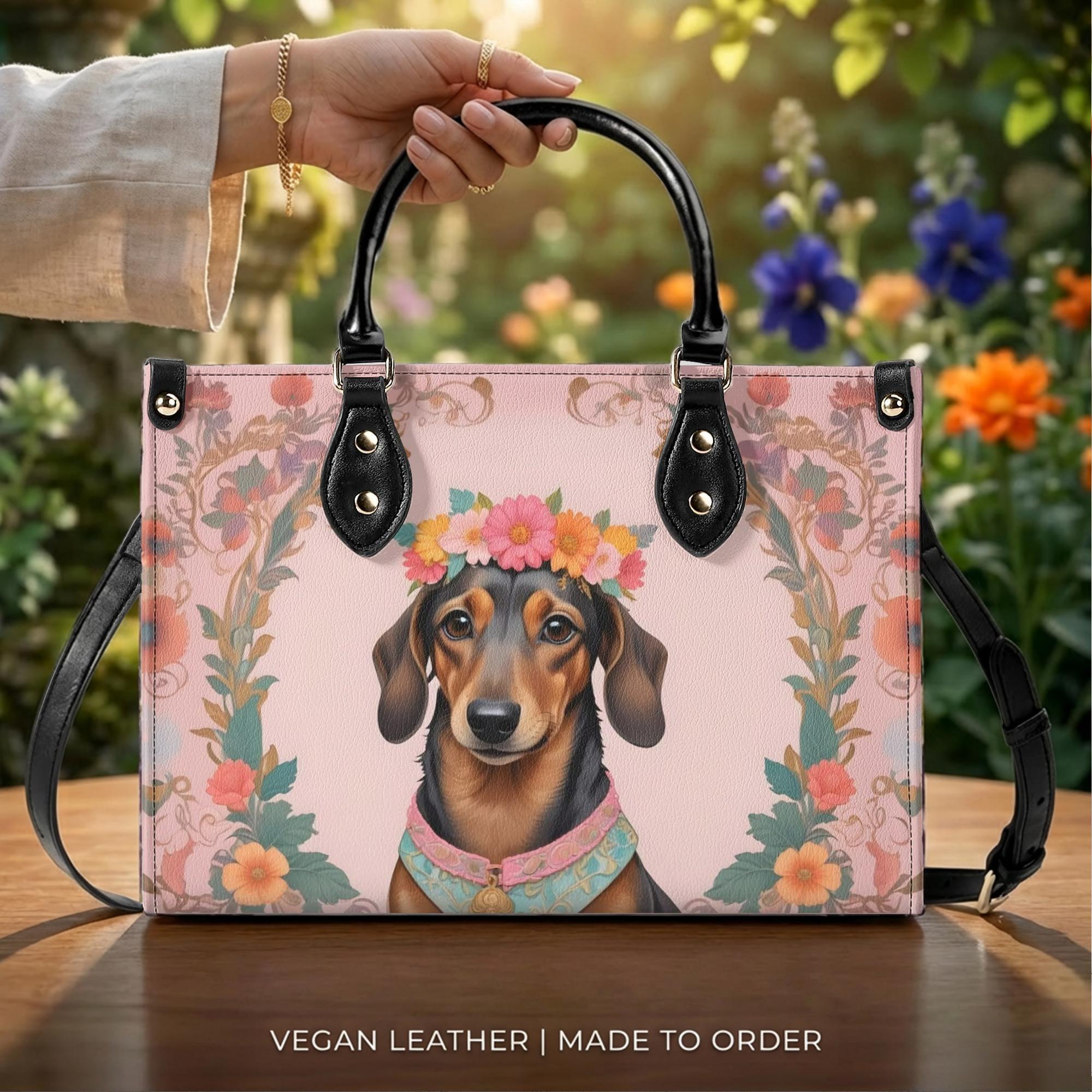 Dachshund Floral Crown Handbag, Vegan Leather Top Handle Purse
