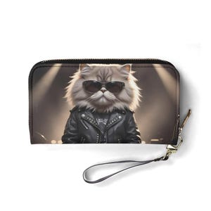 Carteira Rockstar Cat – Carteira de couro vegana fofa para mulheres | Presente exclusivo, carteira vegana fofa, presente ideal para ela