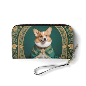 Príncipe Corgi con capa adornada: cartera de cuero sintético para perro estilo Art Nouveau