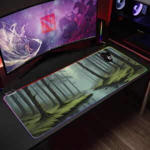 LED RGB Gaming Desk Mat - Dark Forest Mousepad with Transparent Design - Desk Accessories and Decor - Perfect Gamer Gift