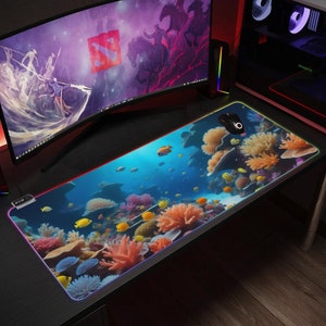 Vibrant LED Coral Mousepad - RGB Keyboard Mat for Gaming or Desk Accessories - Underwater Theme for Table Decor - Unique Gamer Gift