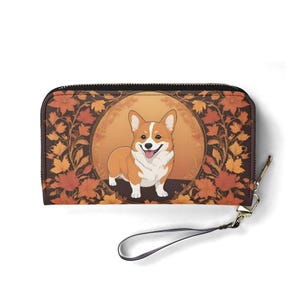 Elegante portafoglio Corgi in toni autunnali – Portafoglio carino in pelle vegana per donna / Regalo unico, portafoglio vegano carino, regalo ideale per lei