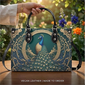 Bolso bandolera con estampado de pavo real, bolso de piel vegana con forma de pájaro, bolso de mano Art Nouveau con estampado de pavo real, regalo para ella.