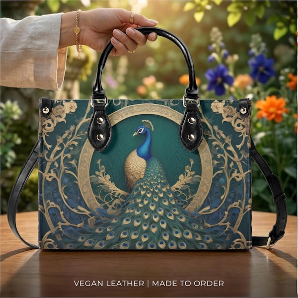 Bolso bandolera con estampado de pavo real, bolso de piel vegana con forma de pájaro, bolso de mano Art Nouveau con estampado de pavo real, regalo para ella.