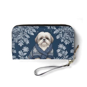 Chien shih tzu dans un pull d'hiver douillet – Joli portefeuille en cuir végétalien pour femme | Cadeau unique, joli portefeuille végétalien, cadeau idéal pour elle