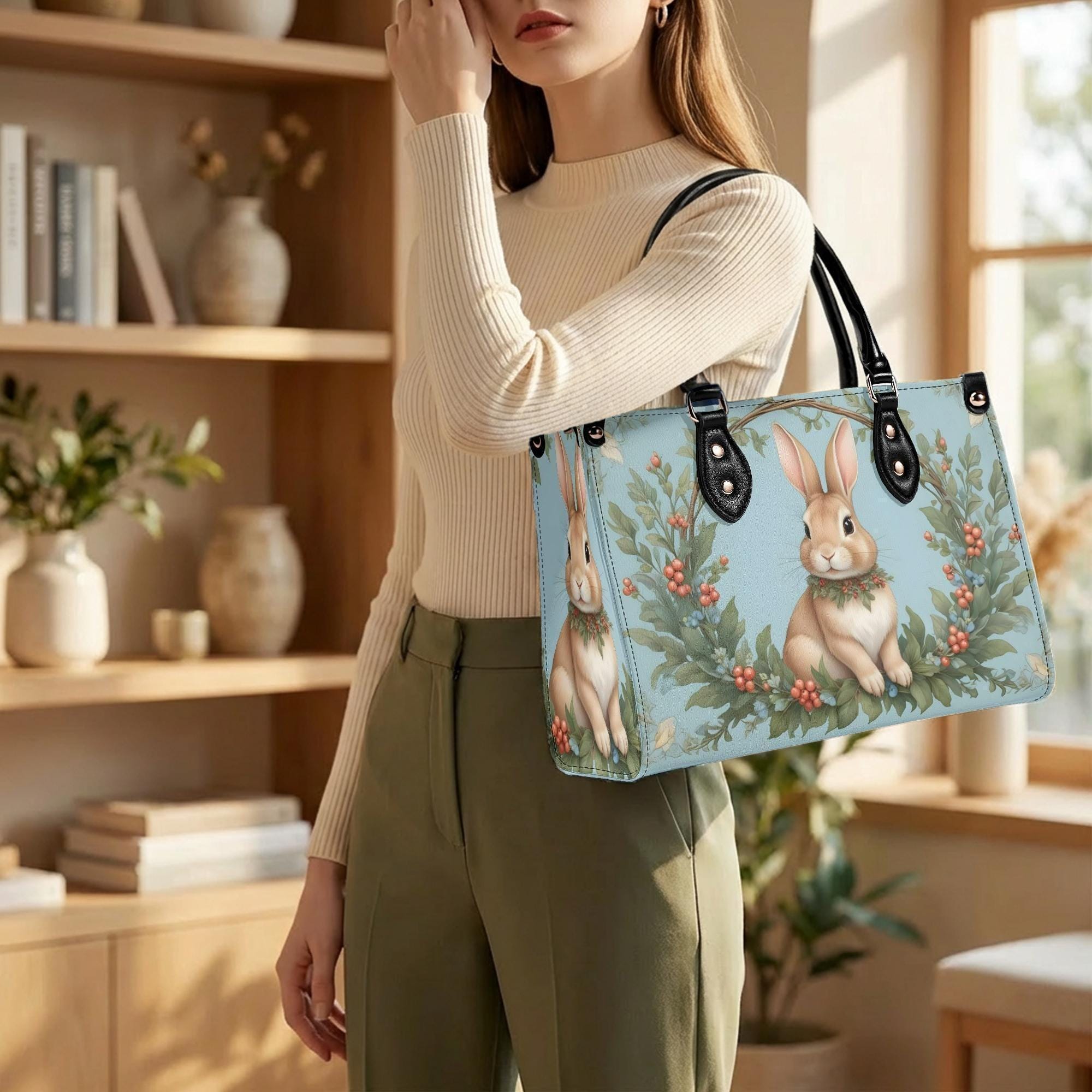 Brown Bunny Vegan Leather Handbag, Blue Botanical Floral Top