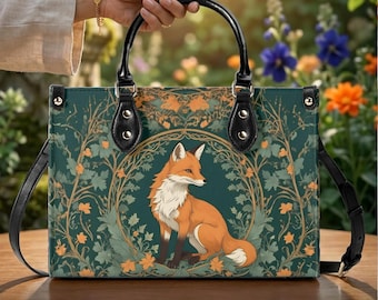 Woodland Fox Vegan Leather Handbag, Green Botanical Top Handle Purse
