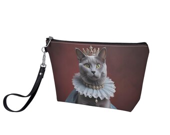 Russian Blue Cat PU Leather Makeup Bag – Zippered Cosmetic Organizer Pouch