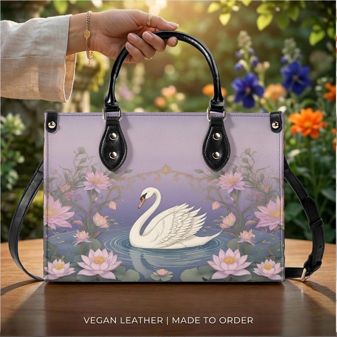 Swan Lotus Pond Handbag: Vegan Leather Floral Shoulder Bag - Etsy