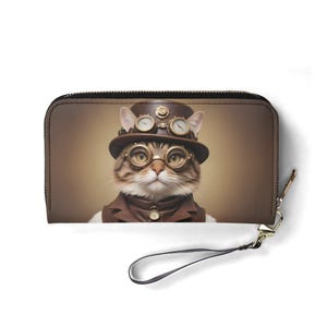 Chat Steampunk Adventurer Wallet – Joli portefeuille en cuir végétalien pour femme | Cadeau unique, joli portefeuille végétalien, cadeau idéal pour elle