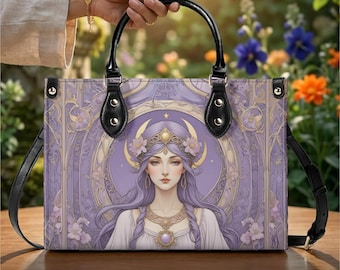 Mond Göttin Geldbörse Celestial Handtasche Vegan Ledertasche Lila Blumen Umhängetasche Geschenk für Frauen