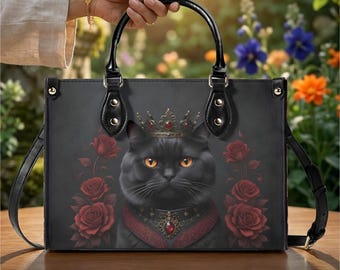 Gothic Black Cat Rose Handbag: Royal Feline Vegan Leather Shoulder Bag