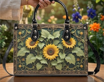 Sunflower Purse Floral Handbag Vegan Leather Bag Botanical Shoulder Bag Gift For Flower Lover Women Garden Bag