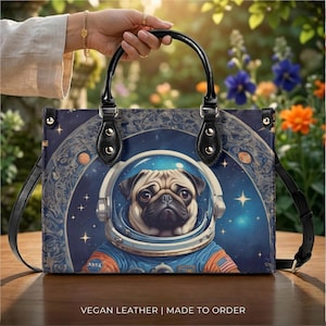Astronaut Pug Vegan Leather Purse, Space Dog Galaxy Top Handle Bag