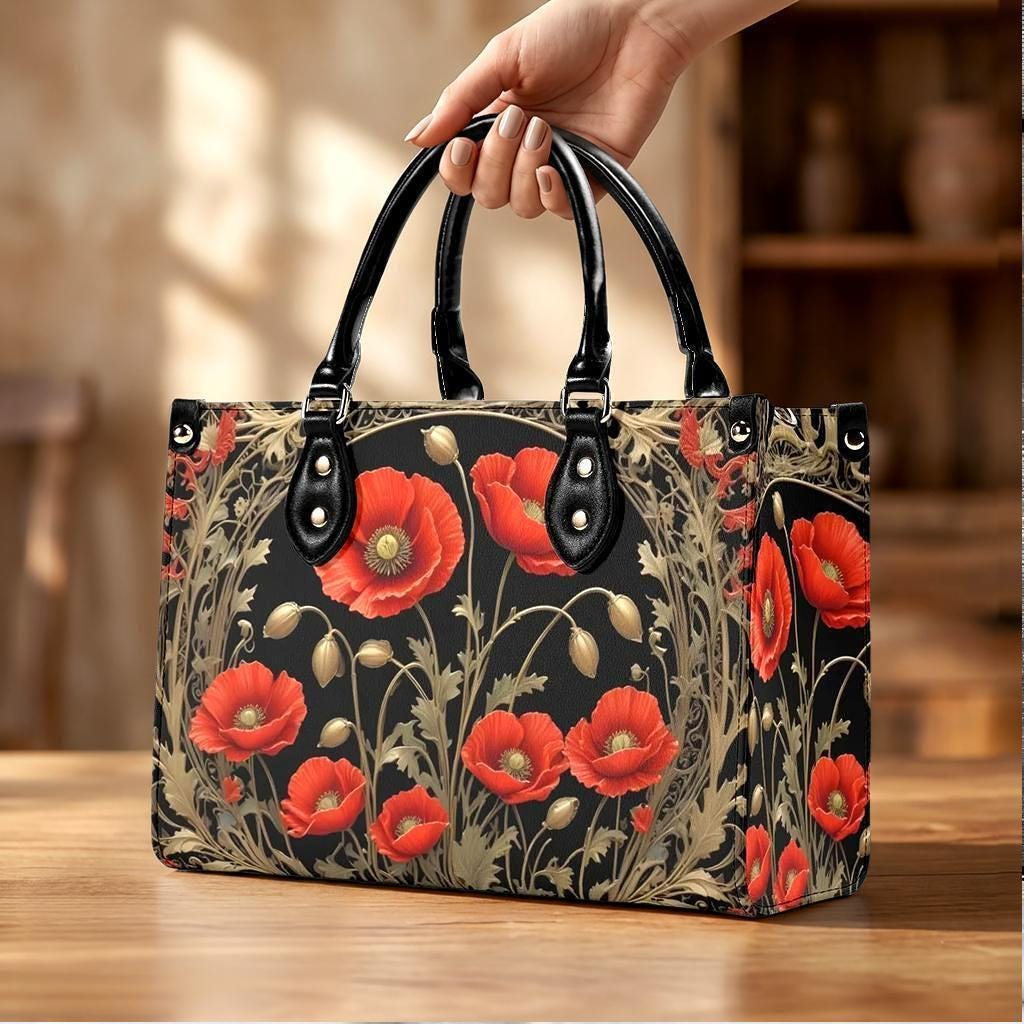 Red Poppy Art Nouveau Vegan Leather Handbag, Botanical Floral Top