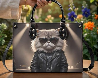 チェック柄の面白い猫のショルダーバッグ、黒猫の中指ショルダーバッグ