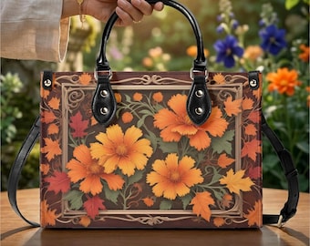 Fall Floral Vegan Leather Handbag, Orange Flower Top Handle Purse, Cottagecore Style Bag