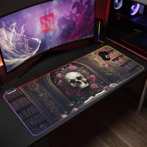 Dark Academia Library Mousepad with LED RGB Keyboard and Gaming Mouse Mat - Desk Decor Gift for Gamers and Book Lovers