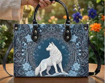 White Wolf Purse Floral Handbag Vegan Leather Bag Arctic Wolf Shoulder Bag Gift For Wolf Lover Women Nature Lover