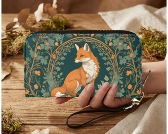 Teal Floral Fuchs Brieftasche, Woodland Art PU Leder Wristlet Clutch
