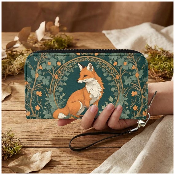 Teal Floral Fox Wallet, Woodland Art PU Leather Wristlet Clutch - Etsy