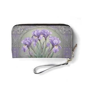 Portefeuille Ethereal Irises in Lavender – Joli portefeuille en cuir végétalien pour femme | Cadeau unique, joli portefeuille végétalien, cadeau idéal pour elle