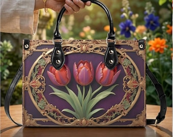 Art Nouveau Tulip Handbag, Purple Floral Vegan Leather Purse, Elegant Top Handle Bag
