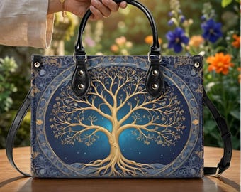 Tree of Life Vegan Leather Handbag, Celestial Botanical Top Handle Purse