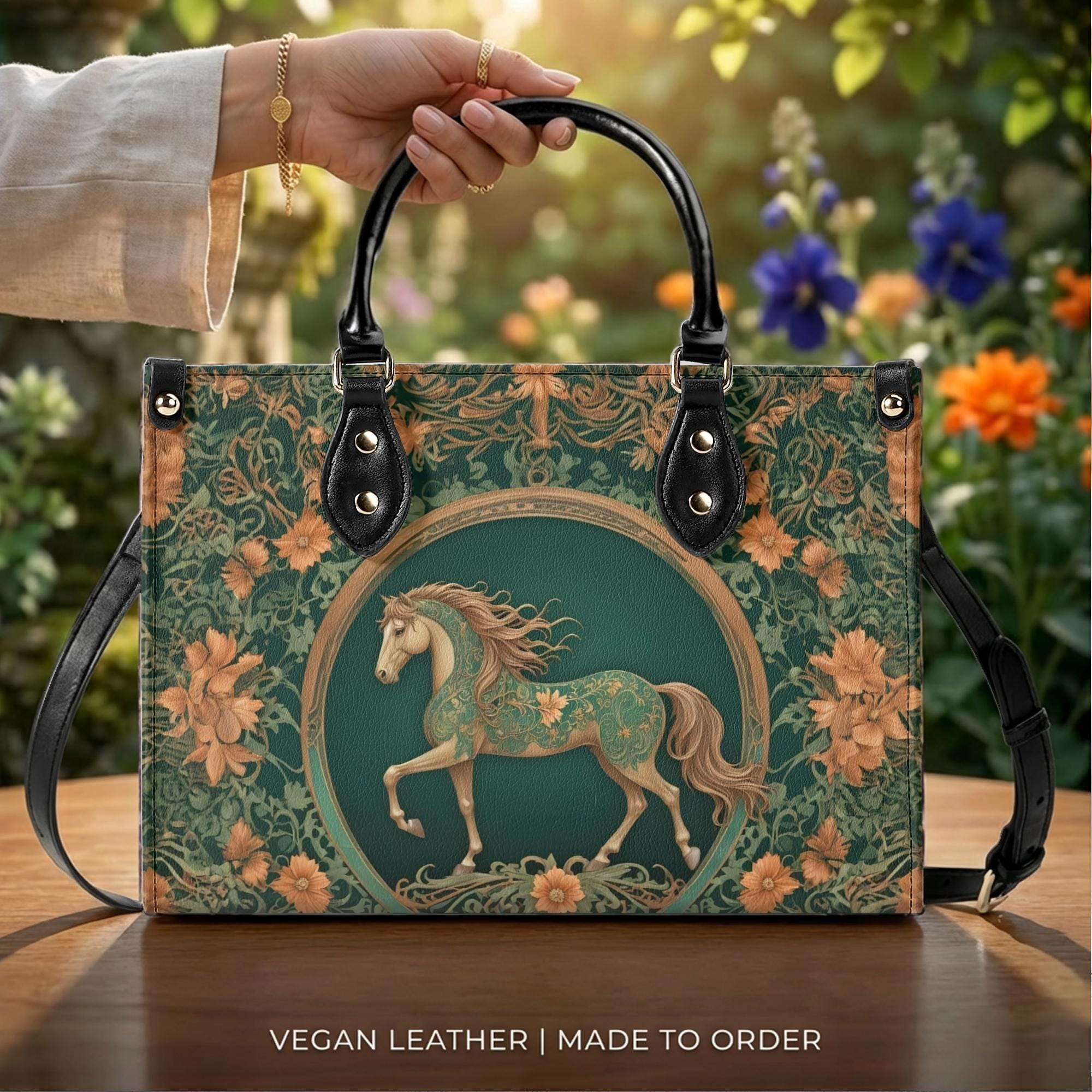 Horse Crossbody Bag, Vegan Leather Horse Purse, Floral Equestrian