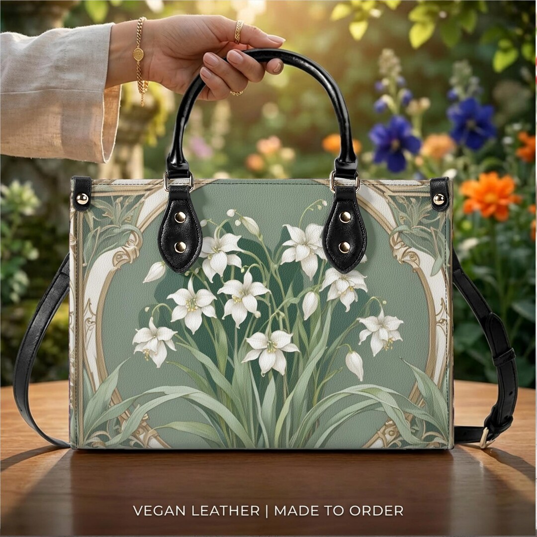 White Floral Crossbody Bag, Vegan Leather Botanical Handbag, Art