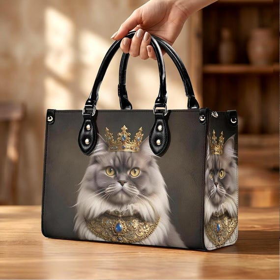 Regal Gray Cat Handbag, Crowned Fluffy Cat Vegan Leather Purse - Etsy
