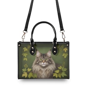 Gray Long Hair Cat Vegan Leather Top Handle Bag, Green Botanical Woodland Style image 7