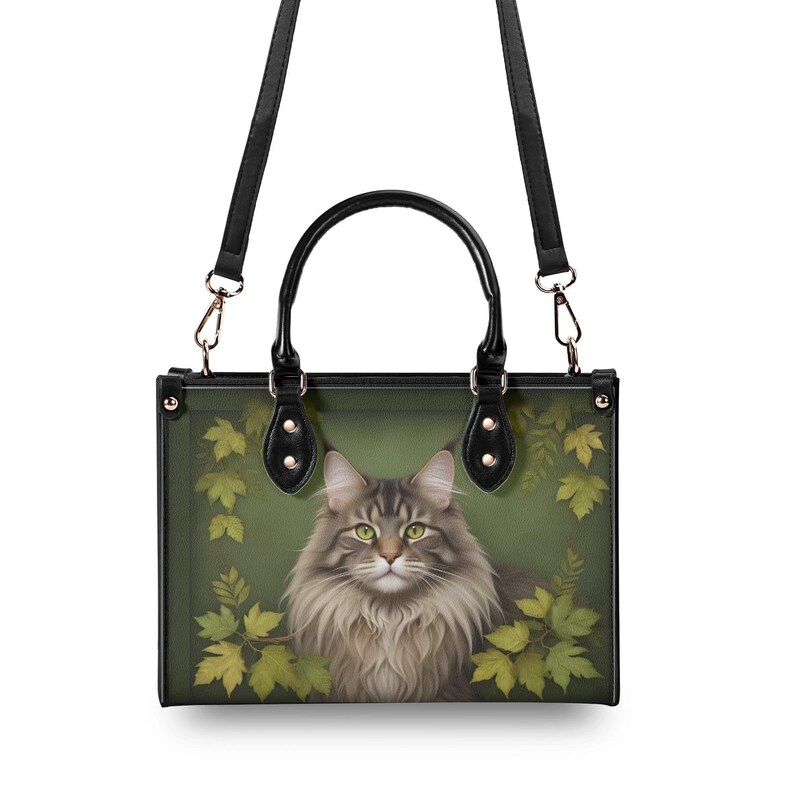 Gray Long Hair Cat Vegan Leather Top Handle Bag, Green Botanical Woodland Style image 7