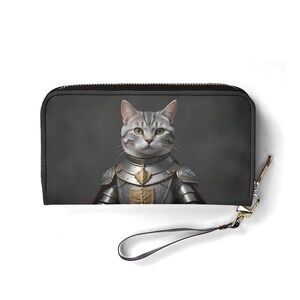Portefeuille chevalier templier chat – Joli portefeuille en cuir végétalien pour femme | Cadeau unique, joli portefeuille végétalien, cadeau idéal pour elle