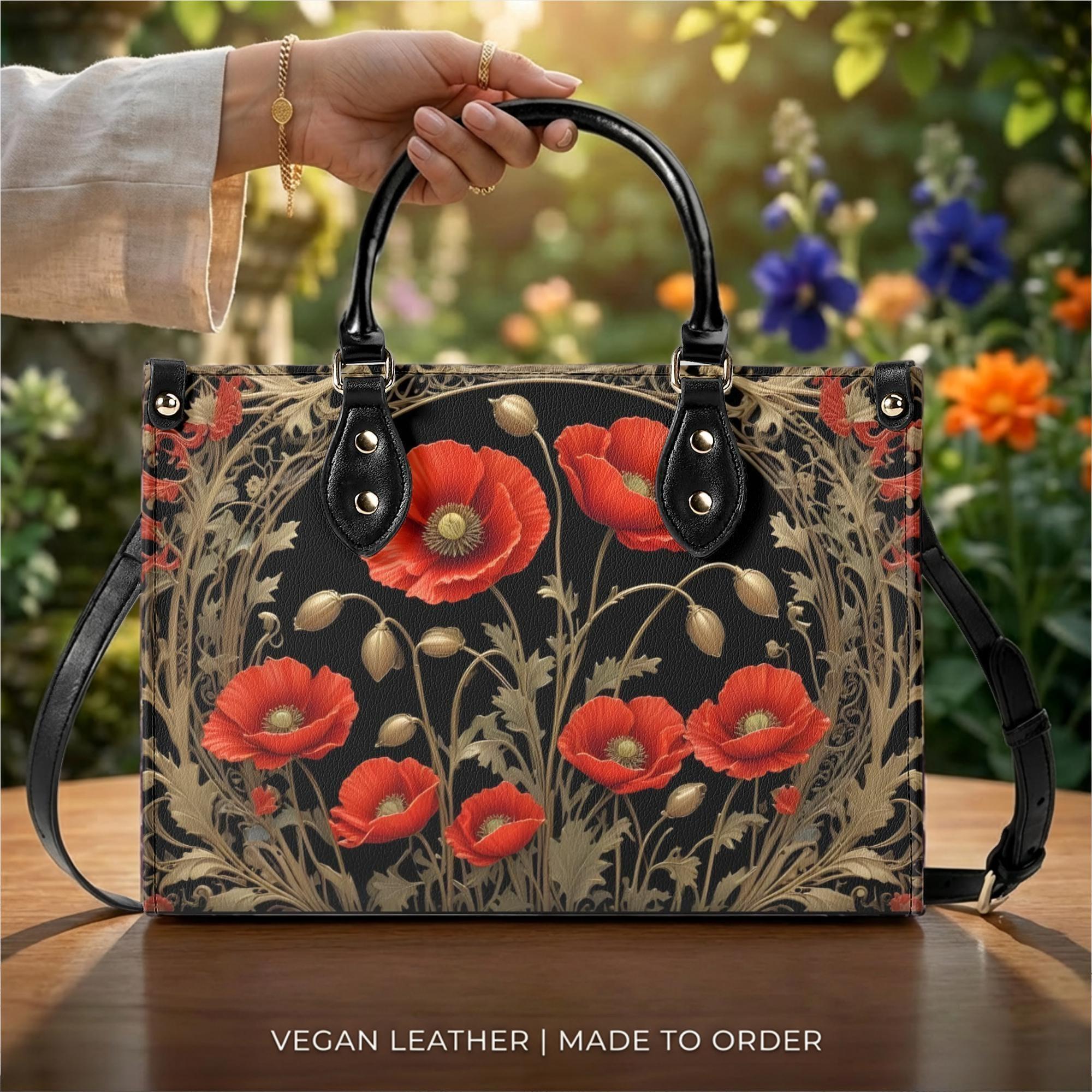 Red Poppy Art Nouveau Vegan Leather Handbag, Botanical Floral Top