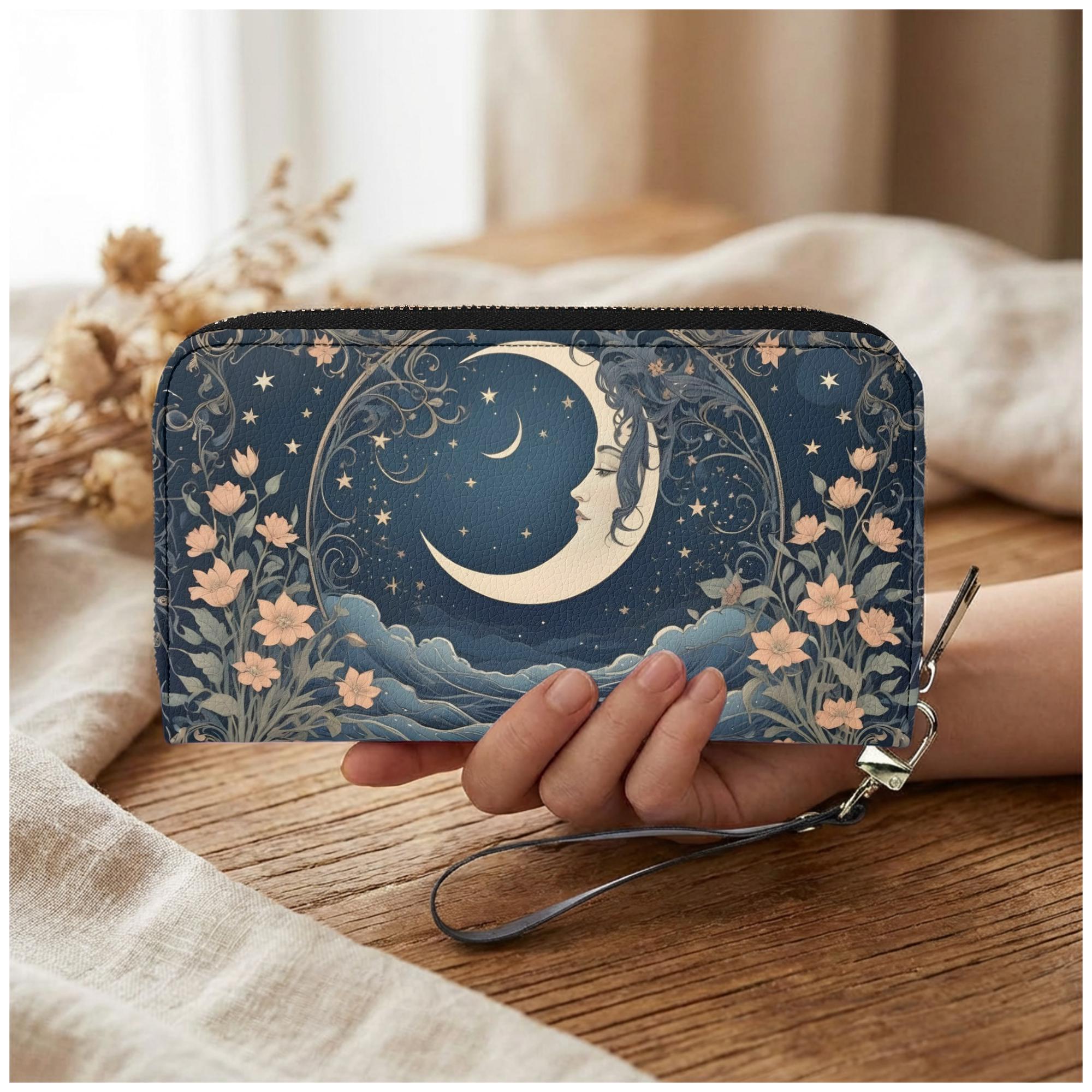 【新品未開封】LUXURY MATERIAL HERITAGE WALLET Celestial Moon Womens Zip Around Wallet, Navy PU Leather Wristlet