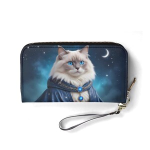 Celestial Guardian Cat Wallet – Joli portefeuille en cuir végétalien pour femme | Cadeau unique, joli portefeuille végétalien, cadeau idéal pour elle