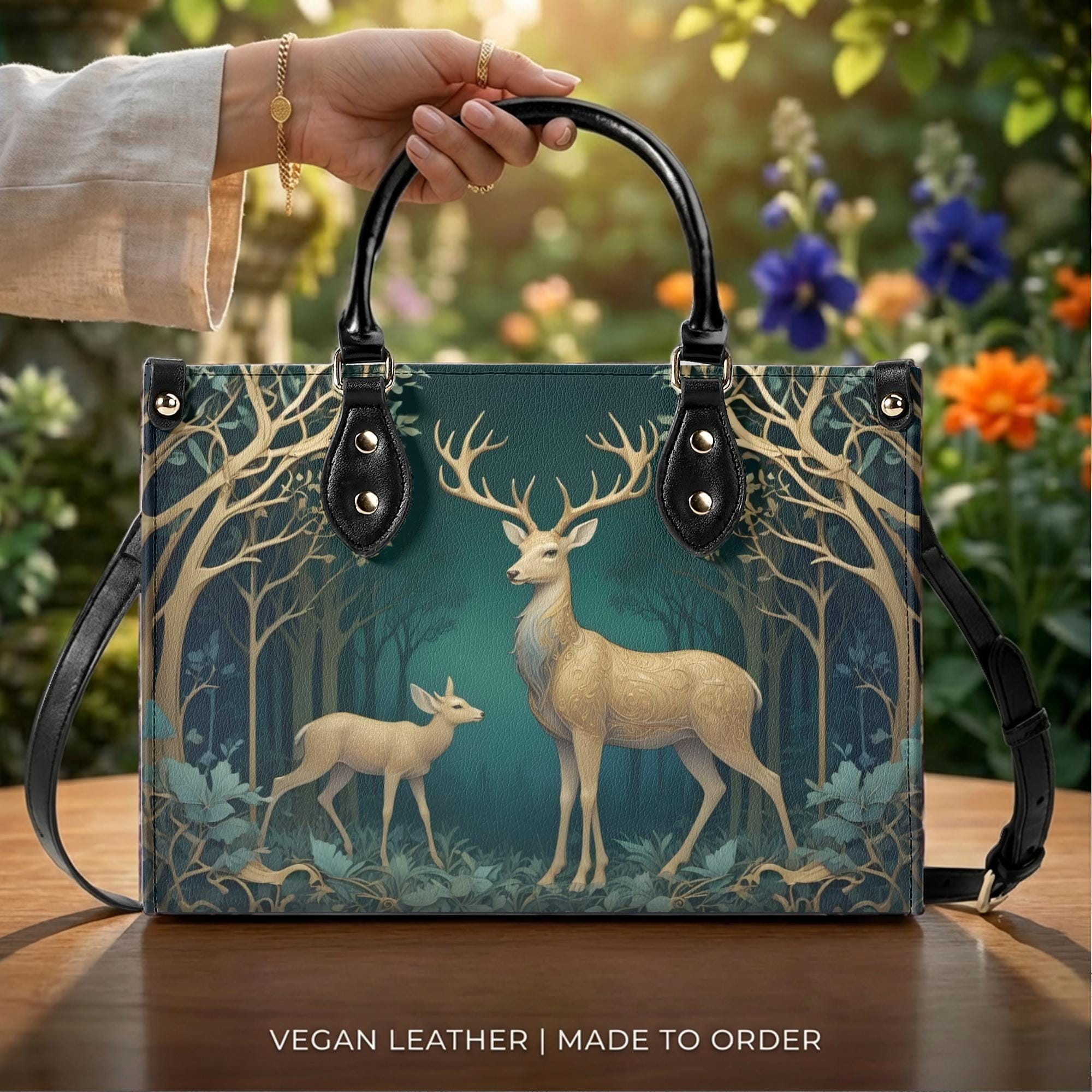 Woodland Deer Vegan Leather Handbag, Enchanted Forest Stag Doe