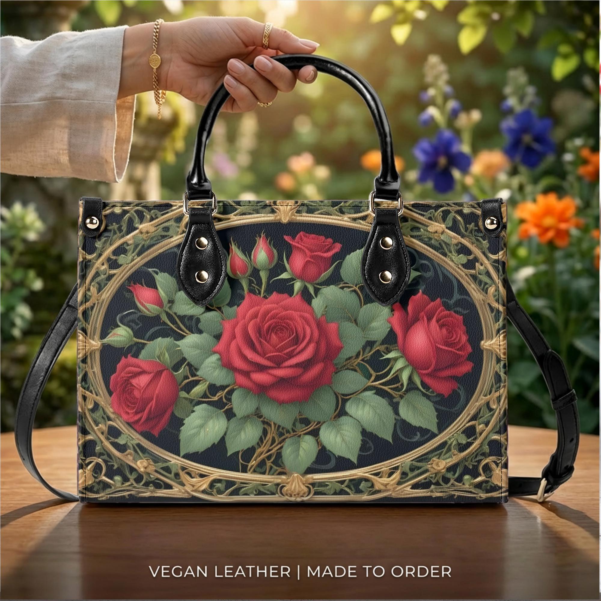 Red Rose Purse Romantic Floral Handbag Vegan Leather Bag Vintage