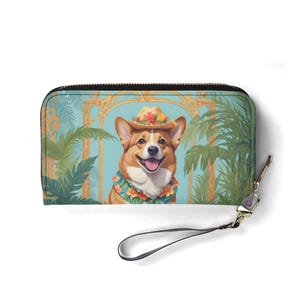 Portafoglio hawaiano con cane Corgi – Portafoglio carino in pelle vegana per donna / Regalo unico, portafoglio vegano carino, regalo ideale per lei