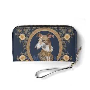 Elegante galgo con atuendo isabelino dorado: cartera de cuero sintético con retrato de perro con borde Art Nouveau