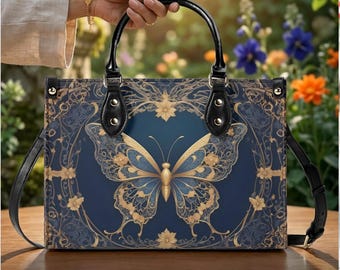 Navy Vegan Leather Butterfly Top Handle Purse, Art Nouveau Style