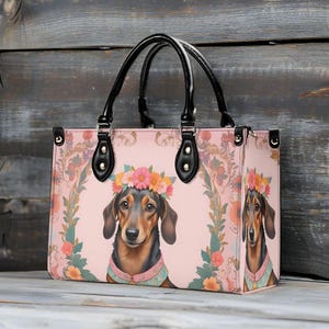 Dachshund Dog in Bohemian Flower Crown Bag Cute Crossbody Bag Unique Purse Cute Purse, Luxury Bag Vegan Leather Bags Printed Designer Bag
