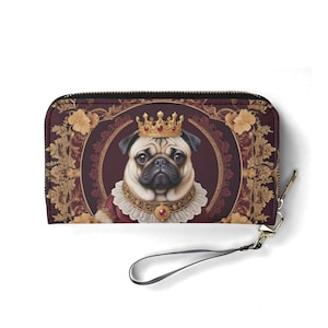 Cartera de piel sintética con retrato de perro isabelino de estilo Art Nouveau con corona y cuello con volantes de Pug real