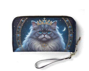 Cartera Cosmic Duchess Cat: bonita cartera de piel vegana para mujer. Regalo único. Bonita cartera vegana. Regalo ideal para ella.