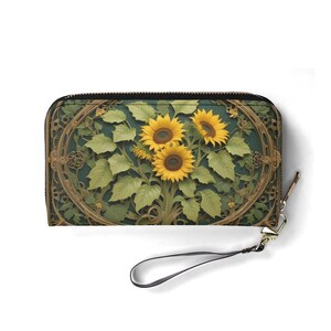 Portefeuille tournesols dorés et lierre – Joli portefeuille en cuir végétalien pour femme | Cadeau unique, joli portefeuille végétalien, cadeau idéal pour elle