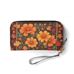 Herbst Ahorn Blätter und Ringelblumen Portemonnaie – Vegan Leder süsses Portemonnaie für Frauen | Einzigartiges Geschenk, süße Vegan Geldbörse Ideales Geschenk für Sie
