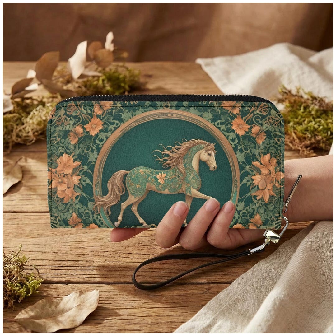 Horse Womens Zip Around Wallet, Teal Floral PU Leather Wristlet